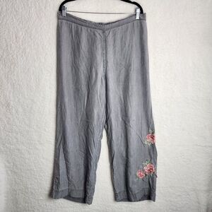 Soft Surroundings Woman's Pull On Palazzo Pants Grey Sz L Chambray Embroidered